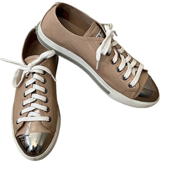 Miu Miu Tan Patent Leather Metal Cap Toe Sneakers Size 36 (US Size 6) - Picture 3 of 15